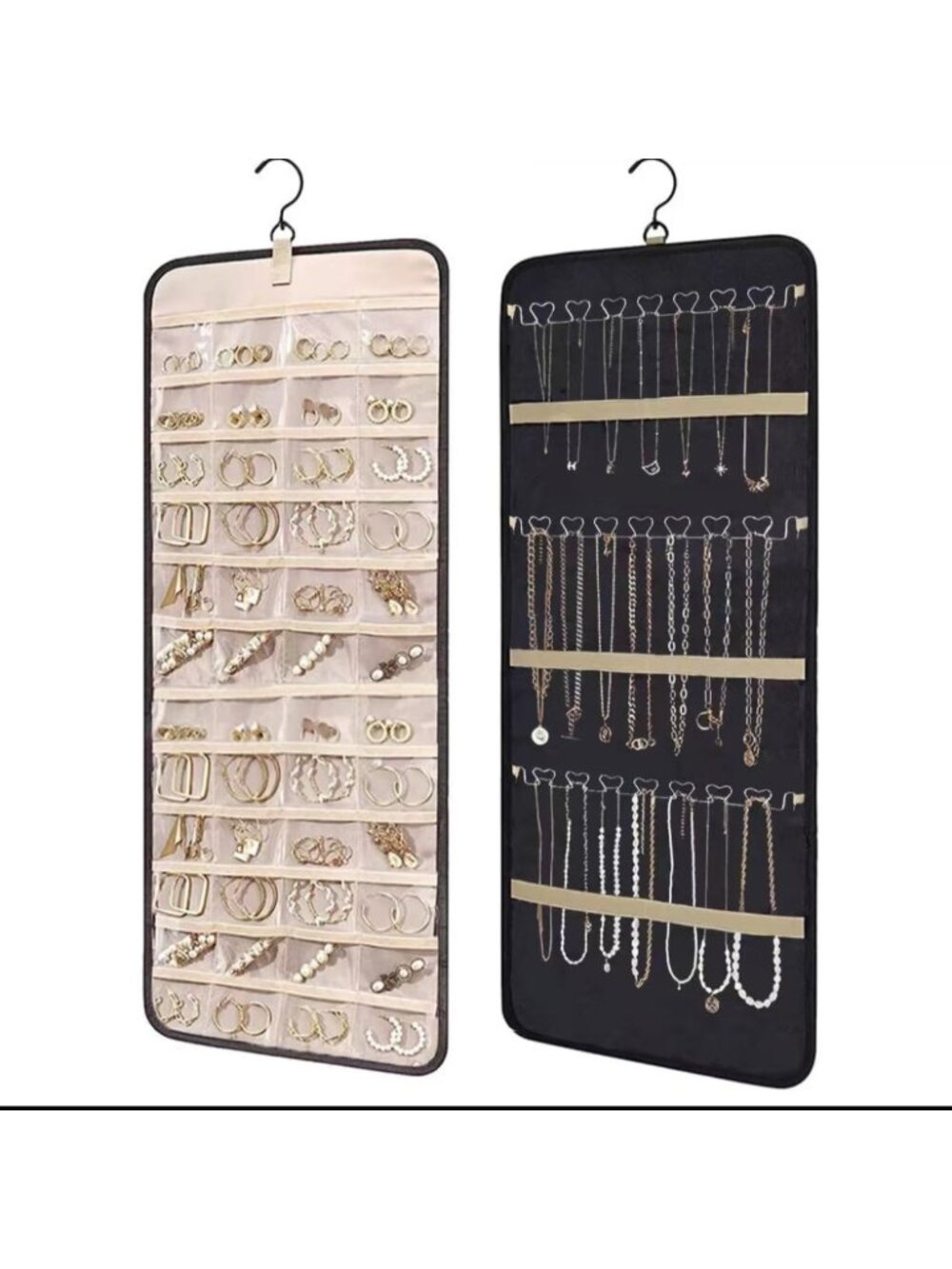 Extra Large Double-Sided Jewelry Organizer Roll with Hanger & Metal Hooks